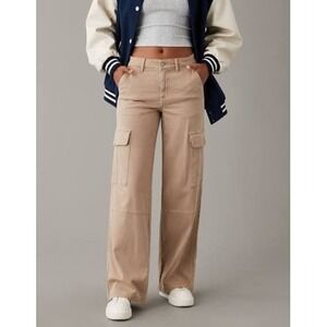 American Eagle High Rise Baggy Wide Leg Cargo Pants Khaki Women Size‎ 8 Long